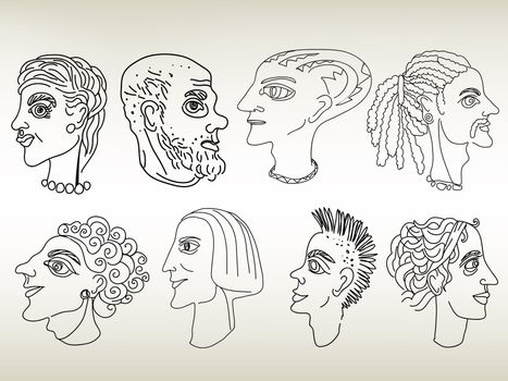 Hand drawn portraits, sketches of roman or greek males and females. 