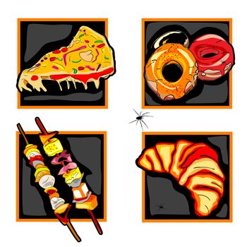 halloween set of scary icons with fast food odd meals, donuts, skewers and spider, isolated on white