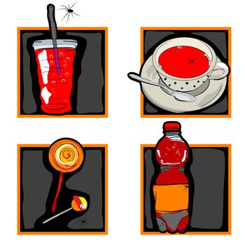 halloween set of scary icons with odd drinks and candy and spider, isolated on white
