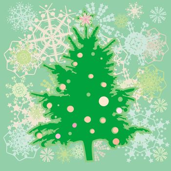 christmas tree over a green background with snowflakes and stars, winter greetings card