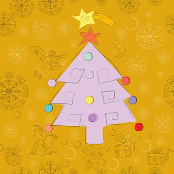 golden christmas card pattern with xmas tree and gifts, wrapping and wallpaper