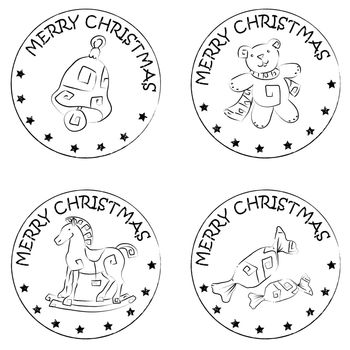 4 christmas coin stamps isolated on white with stars and merry christmas text, teddy bear, rocking horse, candy, bell