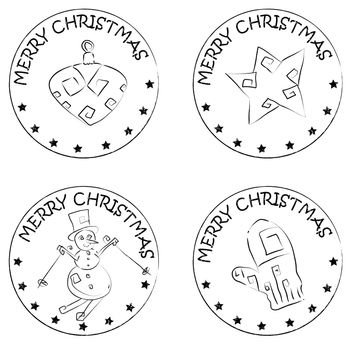 4 christmas coin stamps isolated on white with stars and merry christmas text, snowman, star, glove, globe