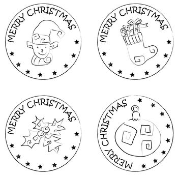 4 christmas coin stamps isolated on white with stars and merry christmas text, sock with gifts, globe, holly berry, elf