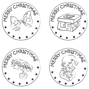 4 christmas coin stamps isolated on white with santa claus and merry christmas text, santa claus head,  present, pine branch and bow