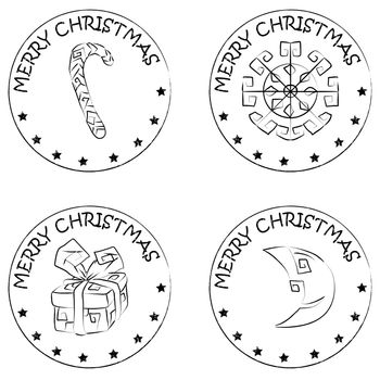 4 christmas coin stamps isolated on white with stars and merry christmas text, snowflake, present, moon, candy