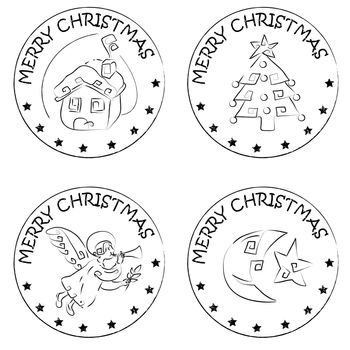 4 christmas coin stamps isolated on white with stars and merry christmas text, snow house, xmas tree, angel, moon and comet