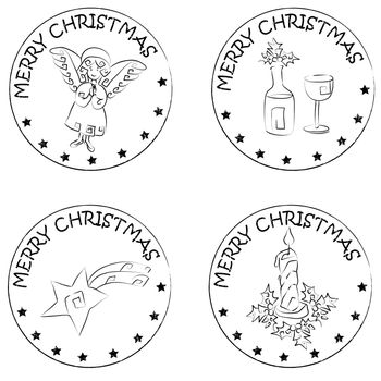 4 christmas coin stamps isolated on white with stars and merry christmas text, angel, xmas candle, comet, glass and bottle of wine