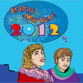 pop art Happy New Year 2012 card with speech bubble and fireworks