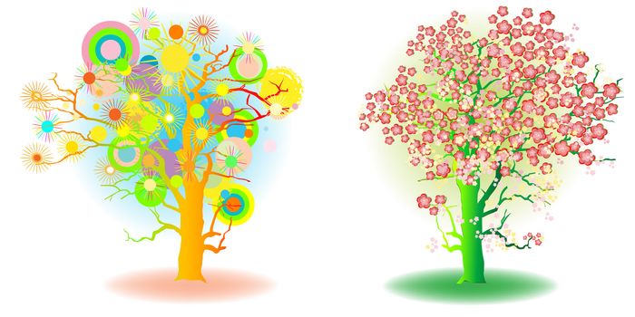 two seasons trees, spring and summer, artistic icons
