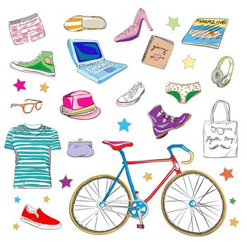 urban hipster accessories, smart colored doodles isolated on white