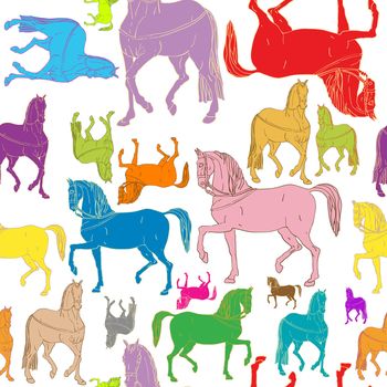 pattern of colored horses silhouettes, doodle drawing isolated on white