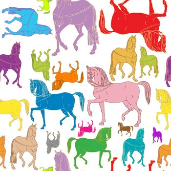 pattern of colored horses silhouettes, doodle drawing isolated on white