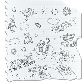 science retro 3D toys doodle on a a notebook page, childlike drawing style