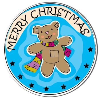 merry christmas retro sticker with a teddy bear wearing scarf isolated on white