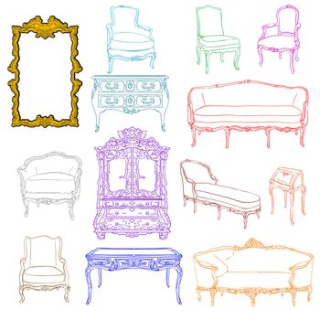 authentic rococo furniture colored doodles and mirror isolated on white