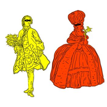 antique rococo costumes stickers on masked silhouettes, isolated on white 