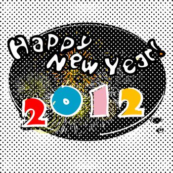 Happy New Year 2012 card with fireworks, pop art bubble speech