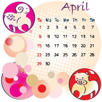 2012 calendar april with zodiac signs and United States Holidays