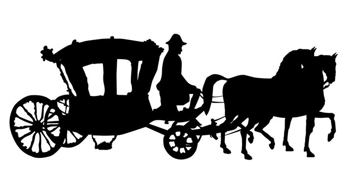 whip, horse and carriage silhouettes isolated on white, rococo style coach