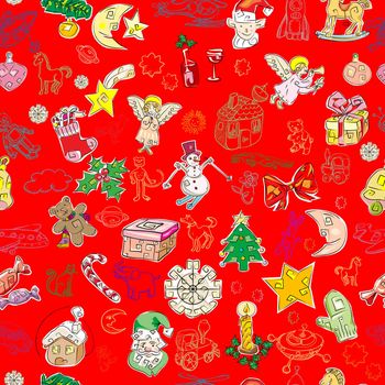 christmas pattern with toys and season greetings icons on a green background, childlike drawn wallpaper