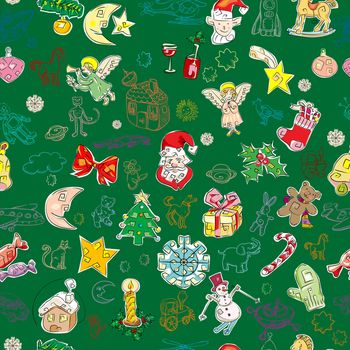 christmas pattern with toys and season greetings icons on a green background, childlike drawn wallpaper 