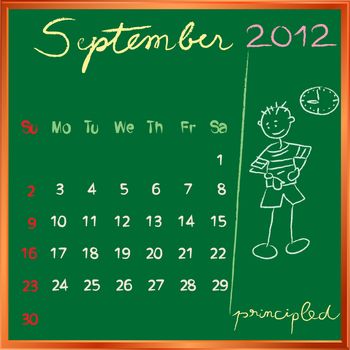 2012 calendar on a blackboard, september design with the happy principled student profile for international schools