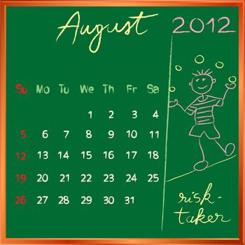 2012 calendar on a blackboard, august design with the happy risk taker student profile for international schools