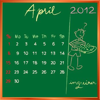 2012 calendar on a blackboard, april design with the happy inquirer student profile for international schools