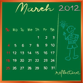 2012 calendar on a blackboard, march design with the happy reflective student profile for international schools