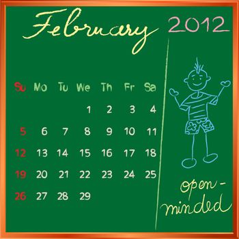 2012 calendar on a blackboard, february design with the happy open minded student profile for international schools