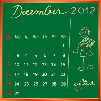 2012 calendar on a blackboard, december design with the happy gifted student profile for international schools