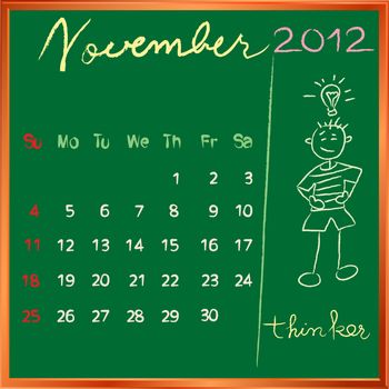 2012 calendar on a blackboard, november design with the happy thinker student profile for international schools
