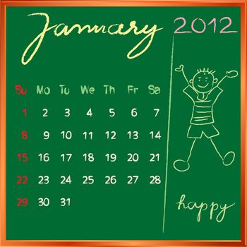 2012 calendar on a blackboard, january design with the happy student profile for international schools
