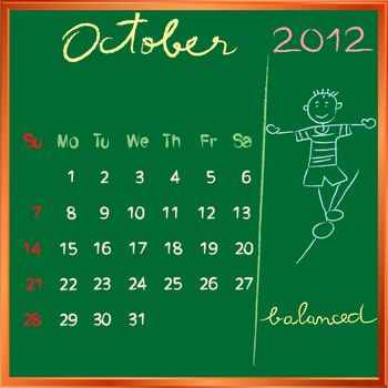 2012 calendar on a blackboard, october design with the happy balanced student profile for international schools