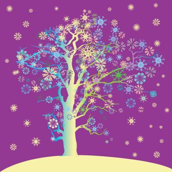abstract winter tree background with coloured snowflakes