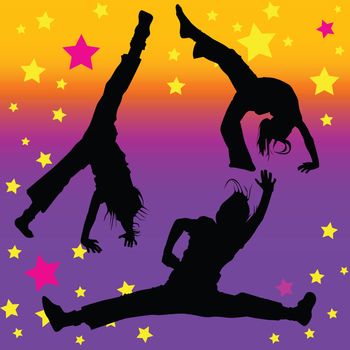 gym silhouettes of young girls on a background with stars