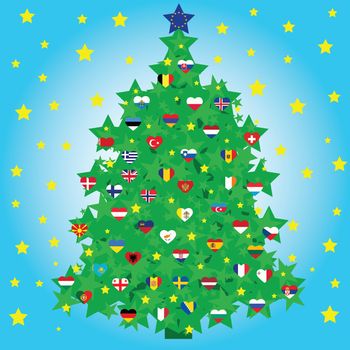 european christmas tree decorated with national heart shape flags and european union flag as a star
