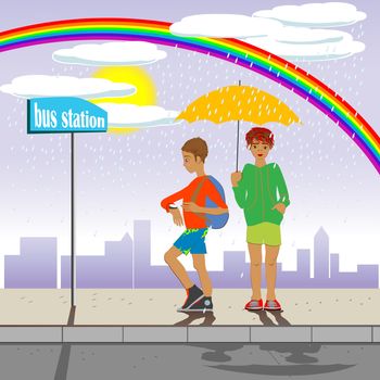 two children in the rain waiting the bus under the rainbow