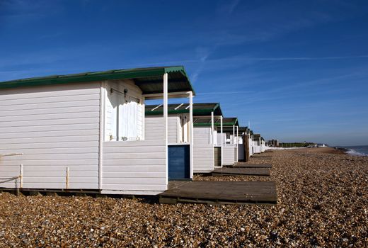 Beach huts on Bexhill beach in England