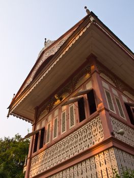 Pink contemporary northern Thai wooden House, Bann Wongburi, in Phare, Thailand