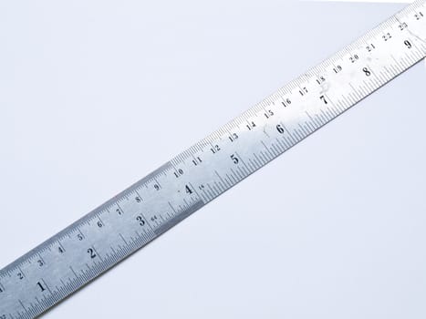 A used stainless steel ruler isolated on white background