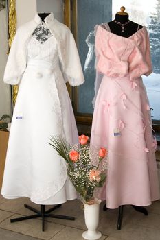 White and pink a dress with a winter cape for brides