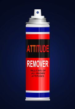 Illustration depicting a single aerosol spray can with the words 'attitude remover'. Blue background.