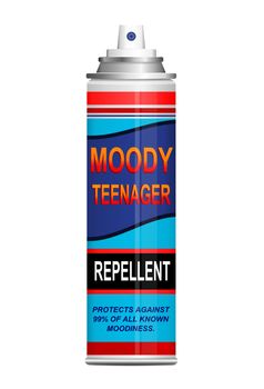 Illustration depicting a single aerosol spray can with the words 'moody teenager repellent'. White background.