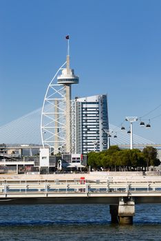 Tower Vasco da Gama with cable car, Lisbon, Portugal 