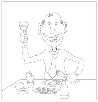 Cheerful man lifts a toast, monochrome contours