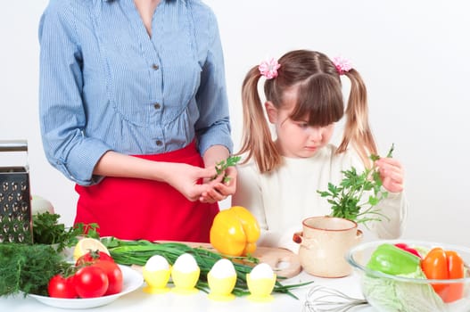 Mother and daughter cooking together, help children to parents