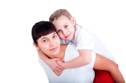 portrait of mom and daughter playing together, isolated on white