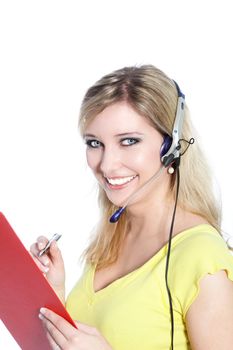Happy call center agent holding red folder and pen